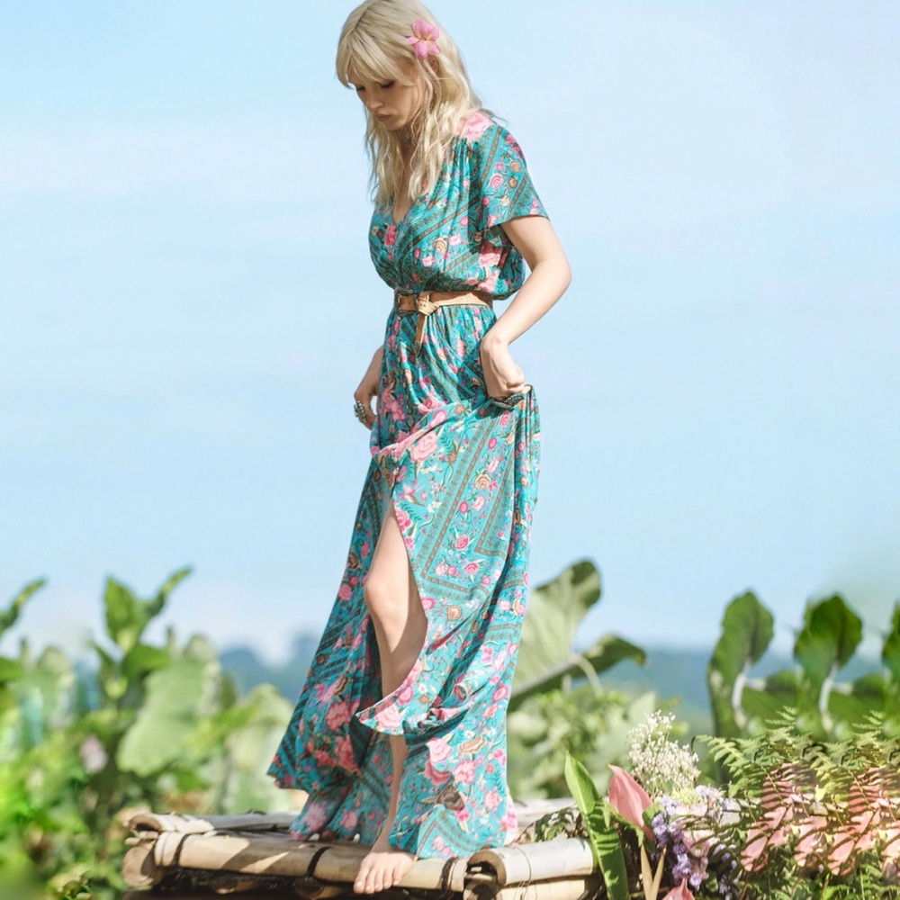 SPELL AND THE GYPSEY PINK TURQUOISE FLORAL PRINT BUTTON UP BABUSHKA GOWN DRESS - Picture 4 of 13